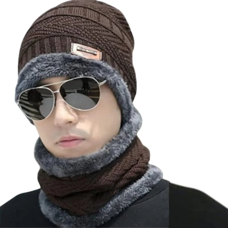 Winter Wool Cap with Neck Warmer Set | Thermal Beanie & Scarf Combo for Men and Women | Brown And Gray