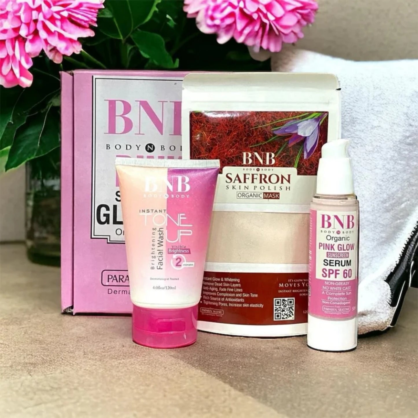 BNB Pink Face Glow Kit | 3-in-1 Skincare Wash Mask SPF Protection Set